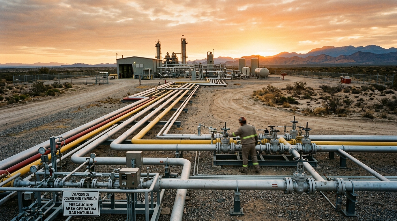 Gasoductos de gas natural en México al amanecer con torres de compresión