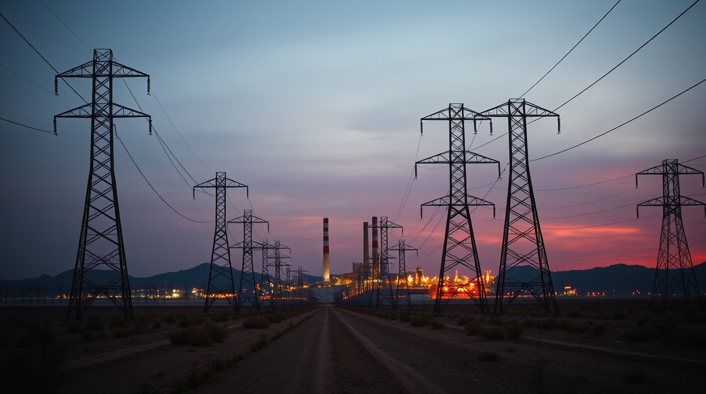 Torres de transmisión eléctrica y planta de ciclo combinado al atardecer en México
