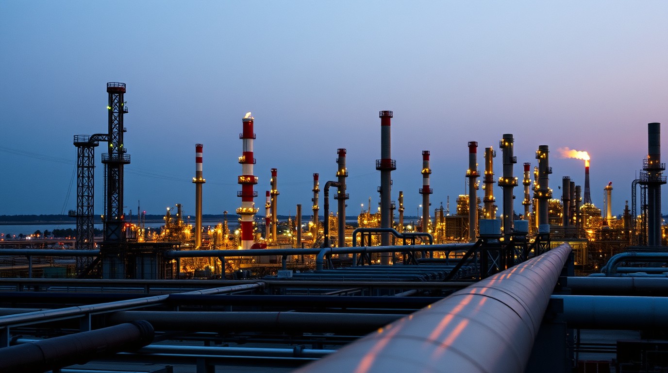 Instalaciones de refinería con torres de destilación al atardecer cerca de calificación soberana México JCR