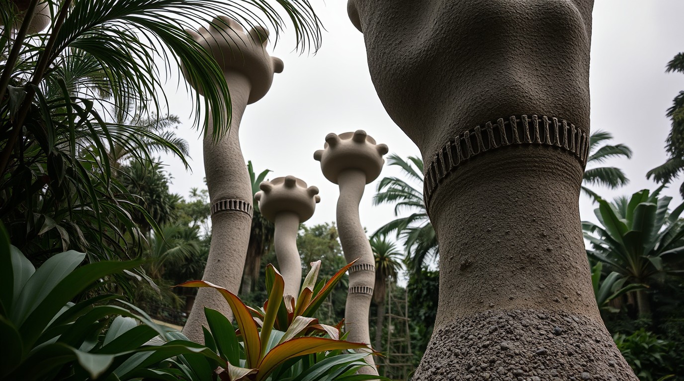 Esculturas de concreto de Las Pozas entre la vegetación de Xilitla, novela Xilitla