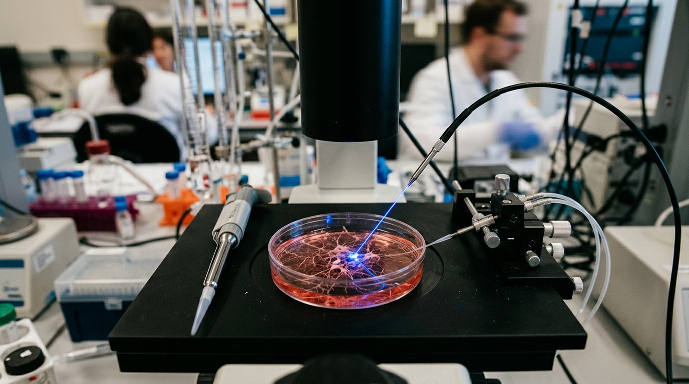 Laboratorio de neurociencia con luz azul iluminando neuronas en investigación sobre optogenética