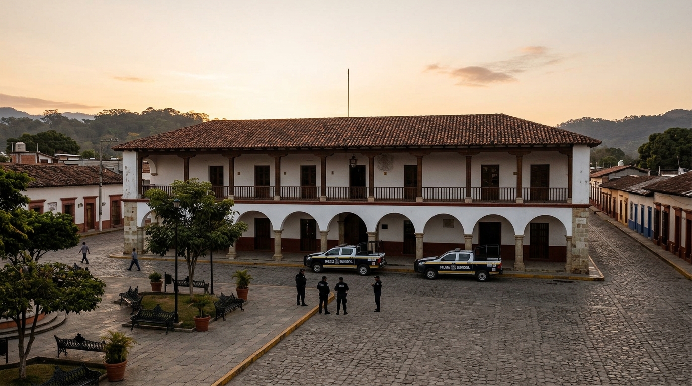 Palacio municipal de Suchiapa en Chiapas al amanecer con patrullas de la Operación Enjambre